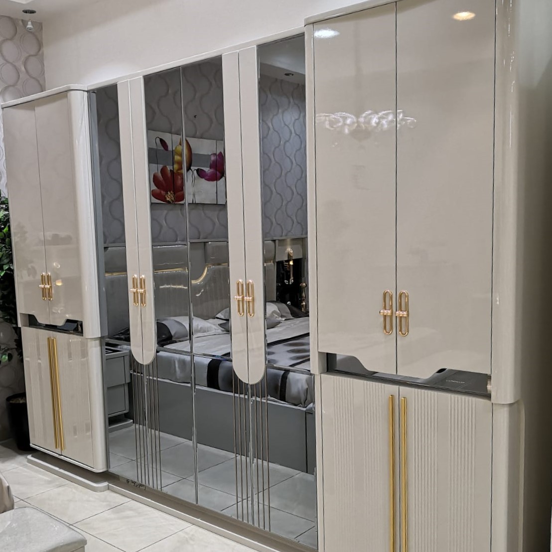 غرفة نوم صيني 200*200 (8قطع) بتخزين لون بيج+رمادي