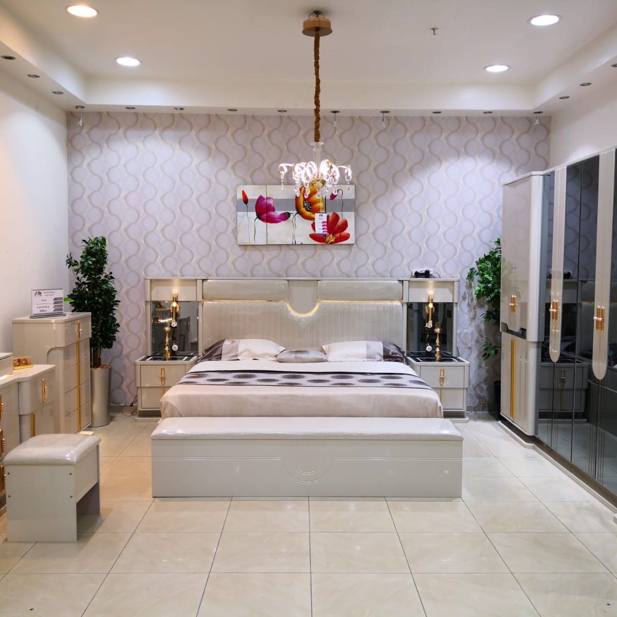 غرفة نوم صيني 200*200 (8قطع) بتخزين لون بيج+رمادي