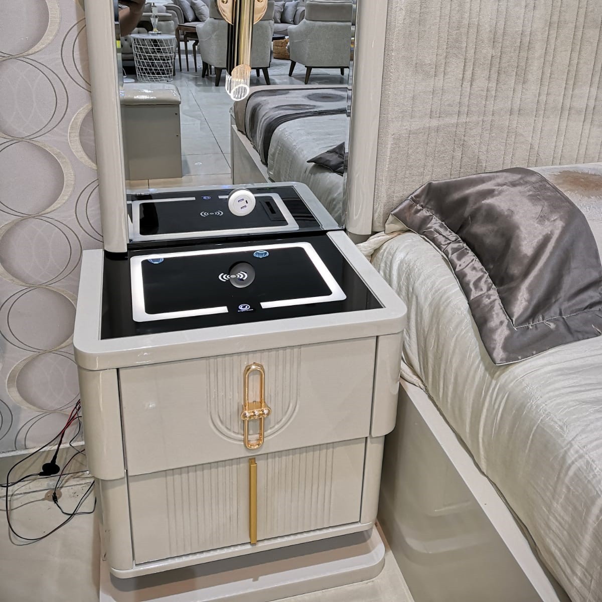 غرفة نوم صيني 200*200 (8قطع) بتخزين لون بيج+رمادي